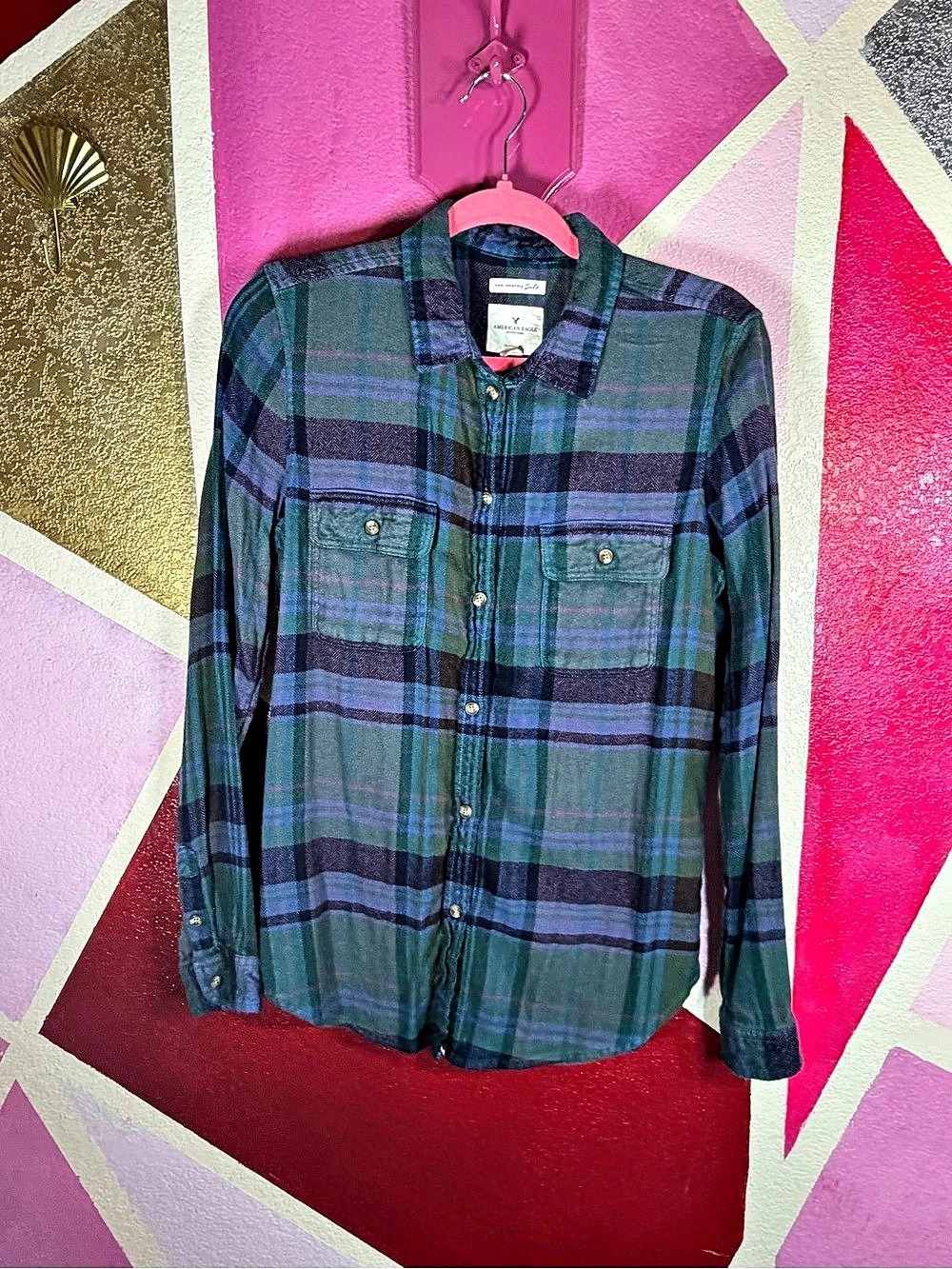 American Eagle Ahh-mazingly Soft Plaid Flannel Shirt M Green Blue Purple